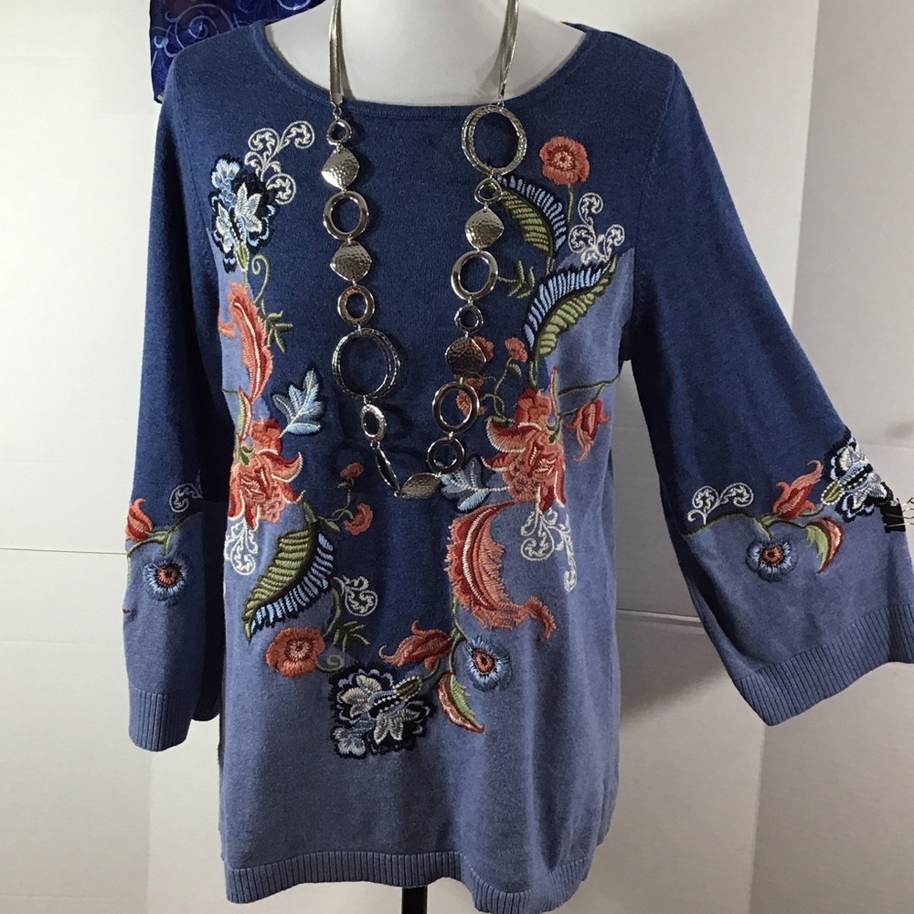 Chico's Kurta Blue Floral Embroidered sweater M